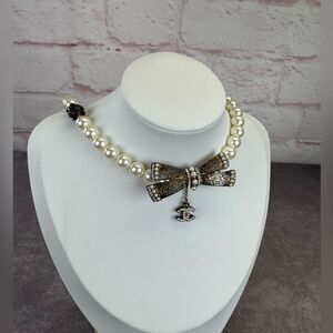 Chanel Pearl Crystal Embellished Bow Necklace 06P